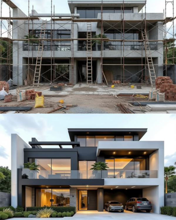 Before and after of a modern home build by expert constructions and developers