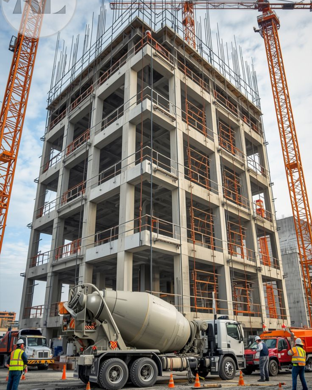 commercial building construction site with tower cranes and a concrete mixer truck, managed by expert constructions and developers