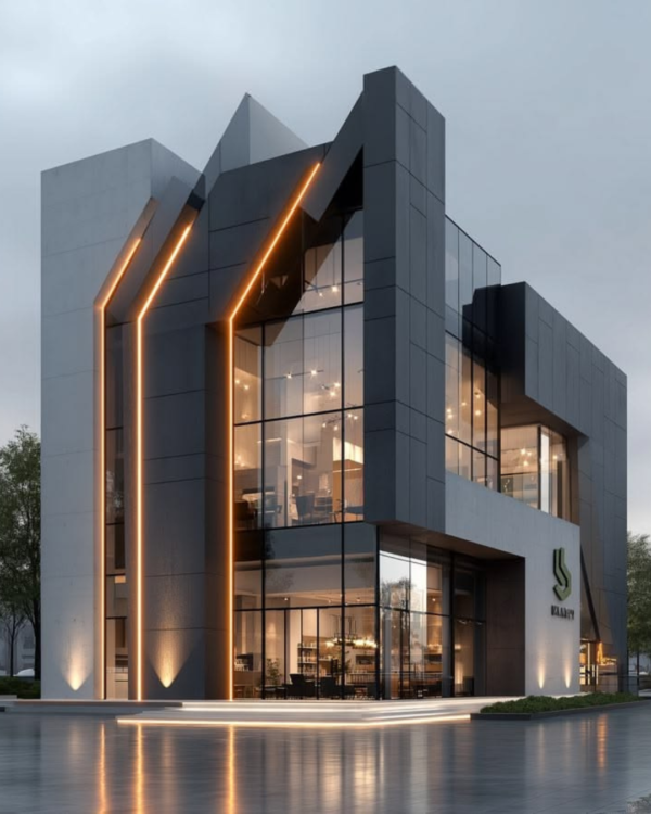 Sleek dark exterior building design built by premium constructions and developers