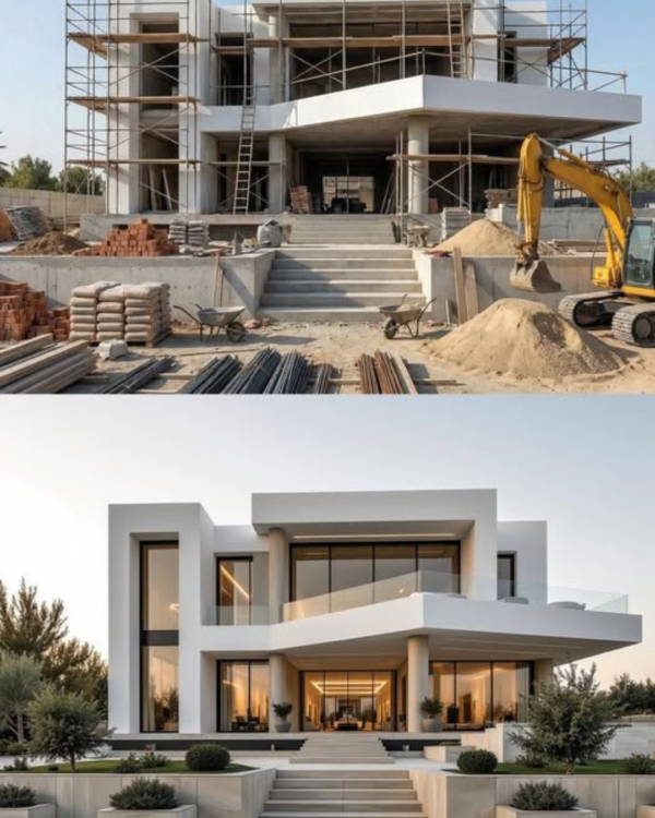 Construction progress of a luxury white villa by quality constructions and developers
