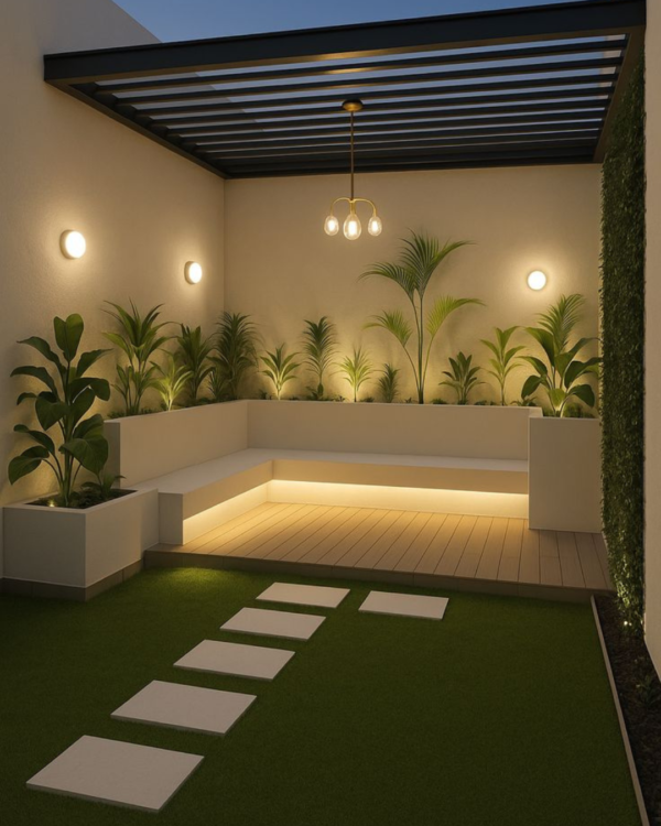 Modern illuminated patio garden designed by creative constructions and developers