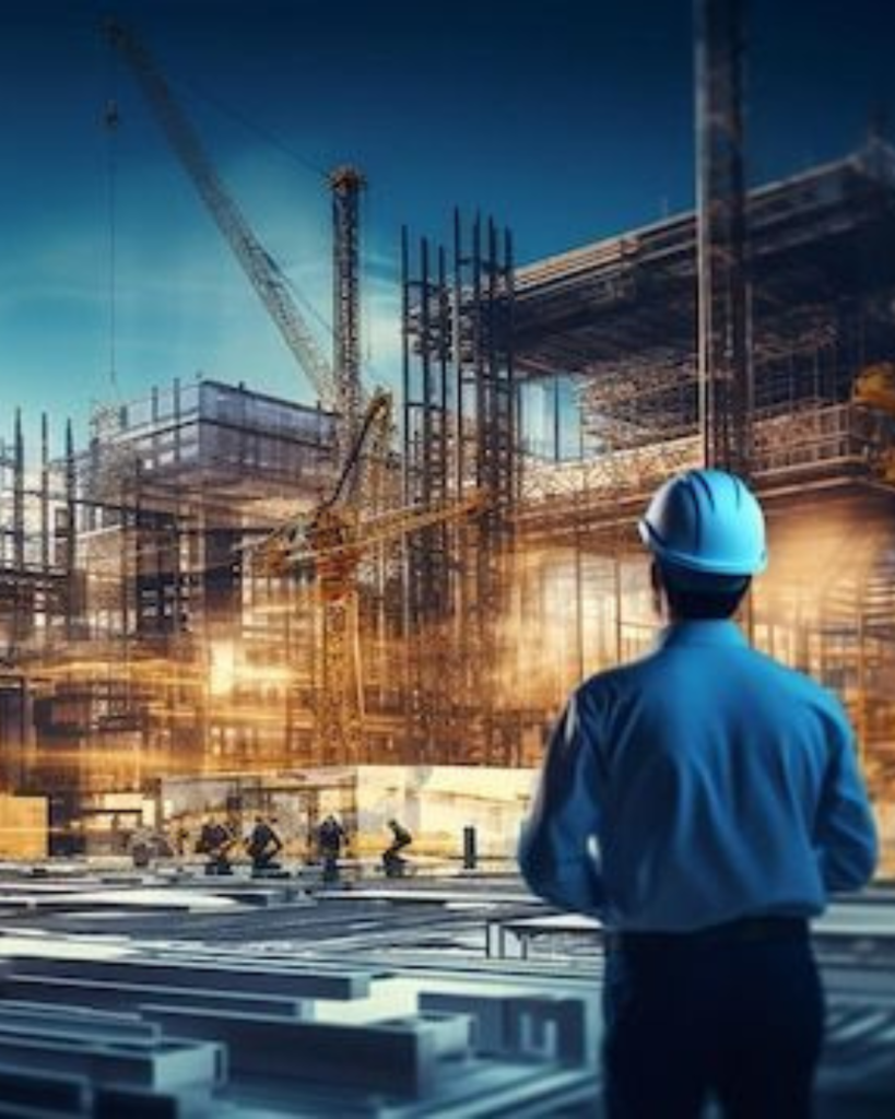 Construction worker at large project site overseen by constructions and developers