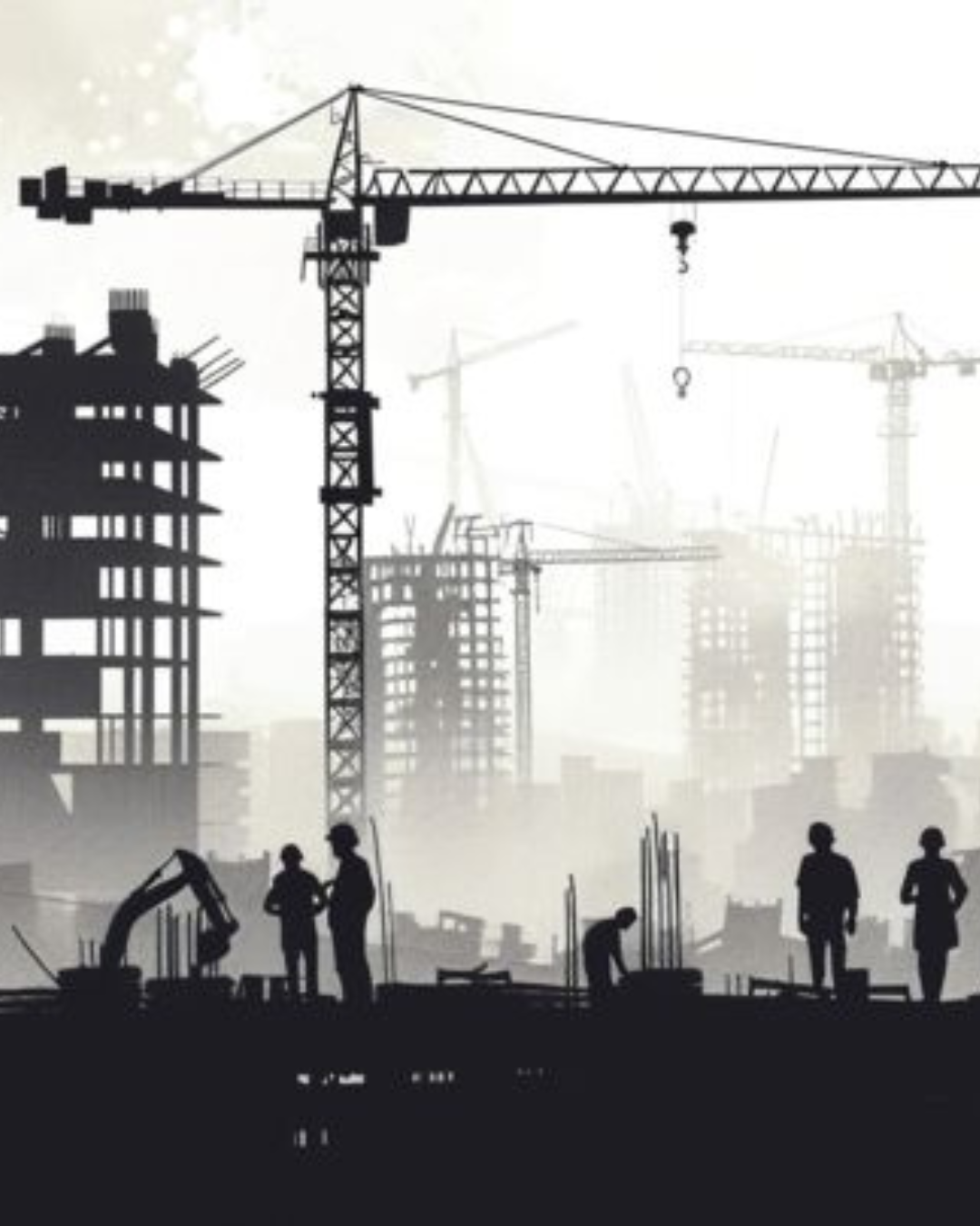 Cranes and workers at a commercial site managed by constructions and developers